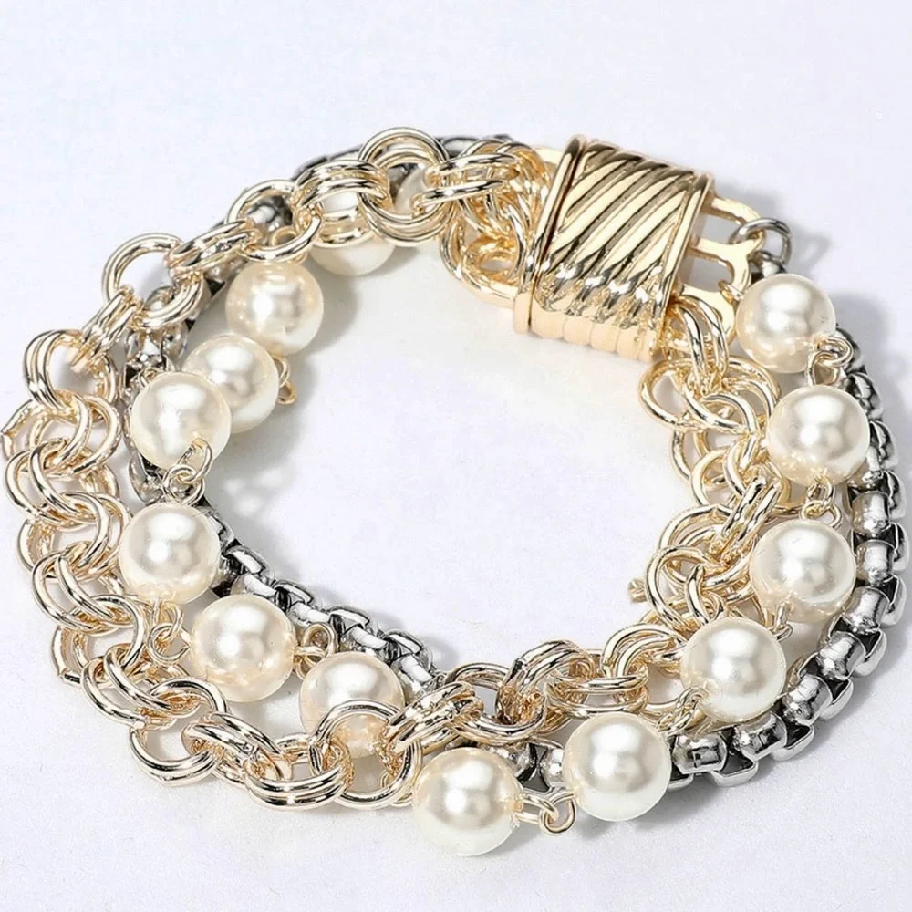 Gold and Silver Pearl Multi-Chain Bracelet - Women Jewelry - Picture 3 of 3